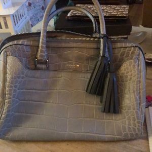 Gray coach embossed croco leather satchel